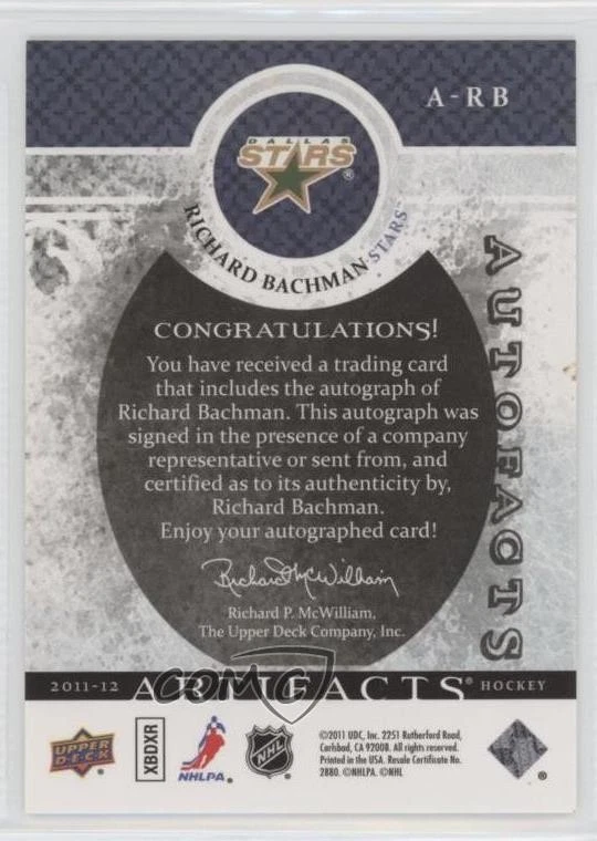 2011-12 Upper Deck Artifacts Autofacts Richard Bachman #A-RB Auto - Image 2 of 2