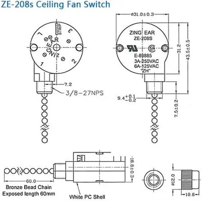 Ceiling Fan Switch ZE-208s E89885 - 3 Speed 4 Wire Fan Light