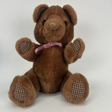 1982 Dakin Fun Farm Plush Brown Teddy Bear Plaid Paws and Ears 12" sitting
