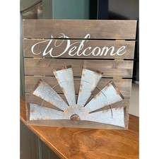 Rustic Farmhouse Welcome Wooden Sign Galvanized Metal Windmill Splendid Home