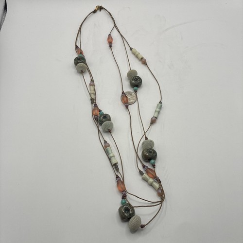 Teresa Goodall Knotted Hemp cord Necklace 34” Designer Carved BeadBoho SignedUSA