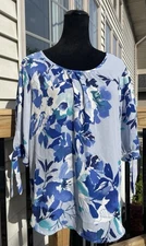 Counterparts Women's Blue Floral 3/4 Sleeve Stretch Pullover Blouse Size L