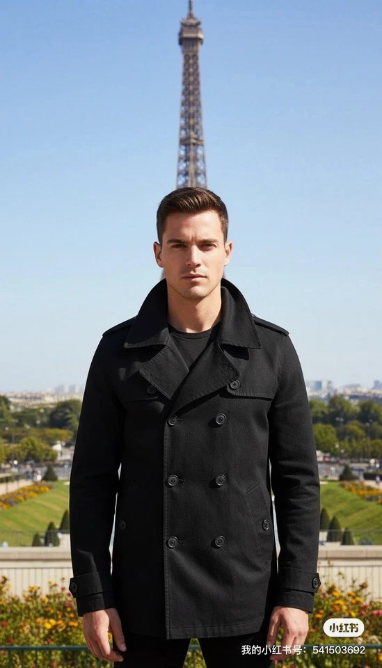 Trench coat masculino Cali Holi peito duplo longo sarja preto - Imagem 4 de 4