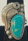 Running Bear Navajo Sterling Silver Large Turquoise Feather Leaf Ring Sz 9.5