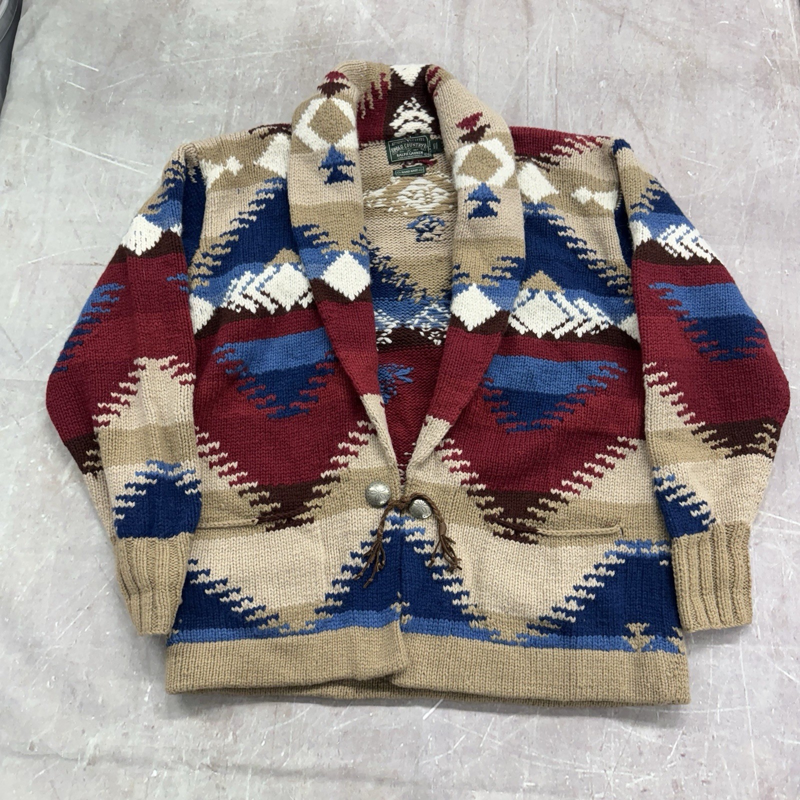 Vintage Ralph Lauren Country Navajo Hand Knit Cardigan Sweater Wool Size L Aztec