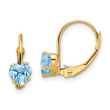 14k Yellow Gold Small 5mm Heart Valentine Blue Topaz Leverback Earrings