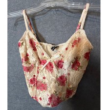 Windsor Floral Lace Corset Top Small Cream Pink Rose Bustier Bow Coquette Style