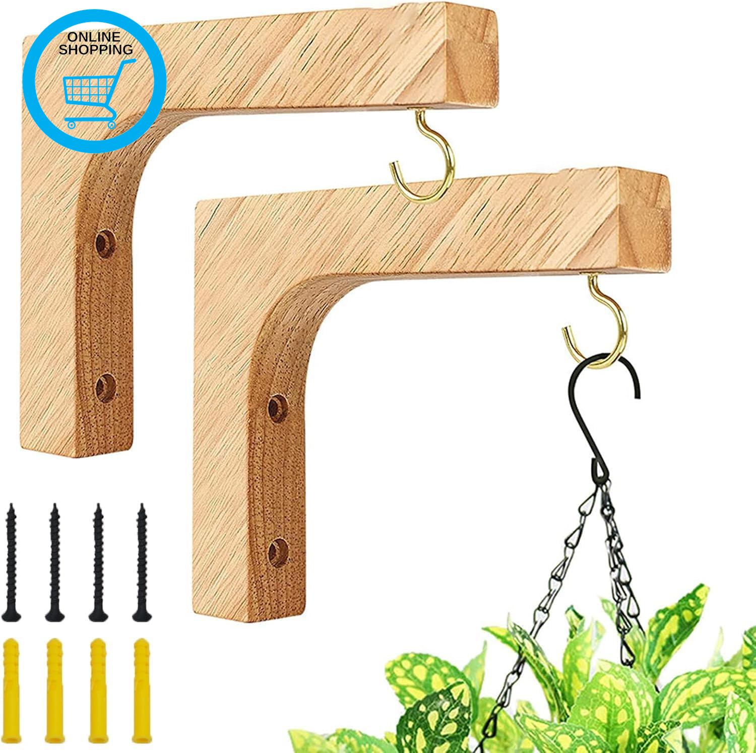 Wooden Hanging Plant Bracket, Heavy Duty Hanging Plant Hook with Screws, Decorat