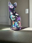 Fenton Hand Painted Iridescent Carnival Art Glass Cat Figurine Floral Signed 5"