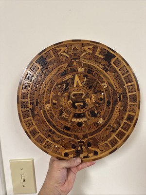 Vintage Aztec Calendar Hand Carved Inlay Wood Art Mexican Mexico
