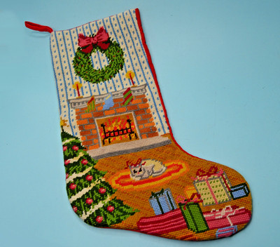 vintage wool Needlepoint Christmas stocking fireplace scene