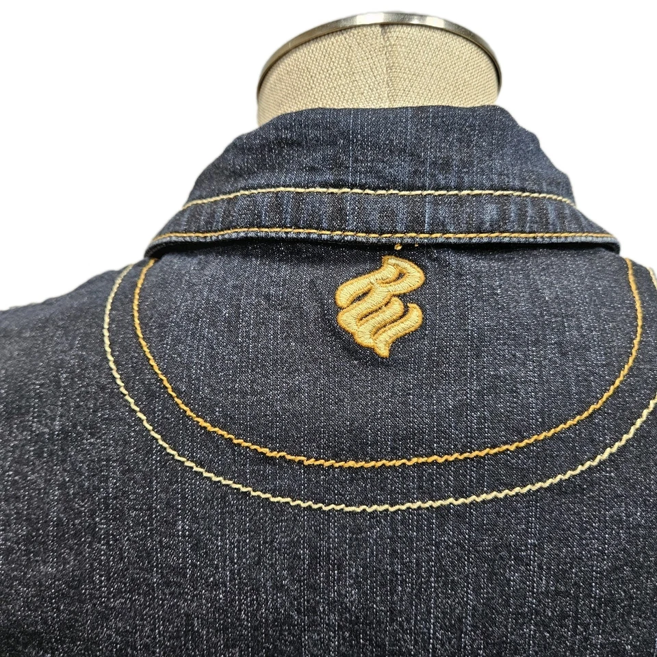 RocaWear Denim Jean Jacket Womens Large Blue Dark Wash Fitted Contoured Biker - Image 4 of 4