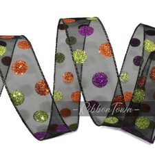 5 Yards Halloween Green Orange Purple Glitter Polka Dot Black Sheer Wired Ribbon