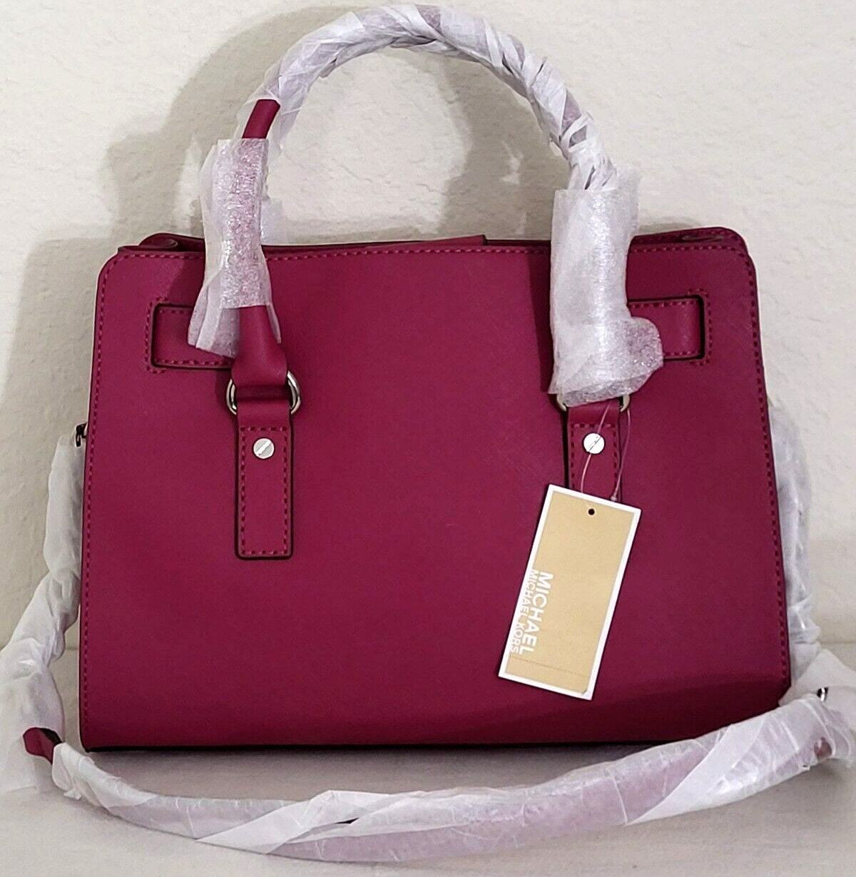 🌞MICHAEL KORS HAMILTON DEEP PINK SILVER SAFFIANO LEATHER EW SATCHEL BAG🌺NWT! image 5