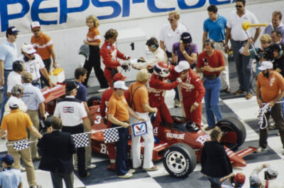 Bobby Rahal Truesports March 86C Cosworth celebrates in Vict Indy 1986 Photo
