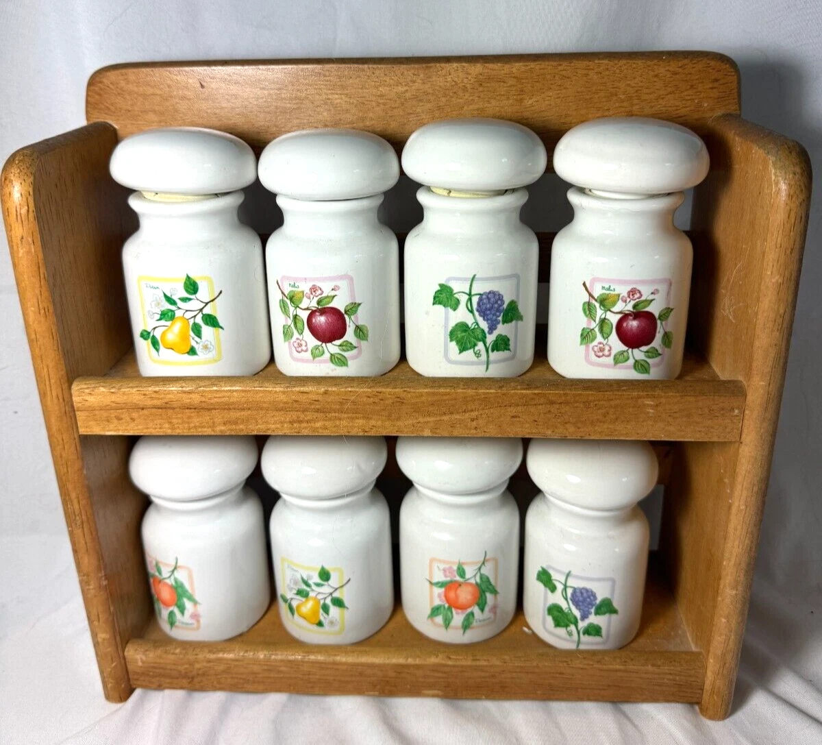 HYMARK VINTAGE 8 FRUIT BOTTLE SPICE JARS & WOOD RACK APOTHECARY -FREE SHIP
