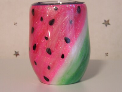 Watermelon inspired *12 oz Stemless Wine Tumbler * Hand Glittered & Swirled Ink