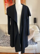 Dkny Pure Black Soft Wool Coat With Shawl Collar & Open Front – Size Small