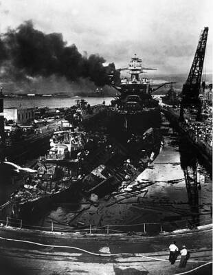Japanese attack Pearl Harbor Wrecked USS Downes left USS Cassin rig- Old Photo