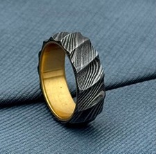 Wavy Damascus Ring with Brass Sleeve Handmade Durable Couple Band Jewelry