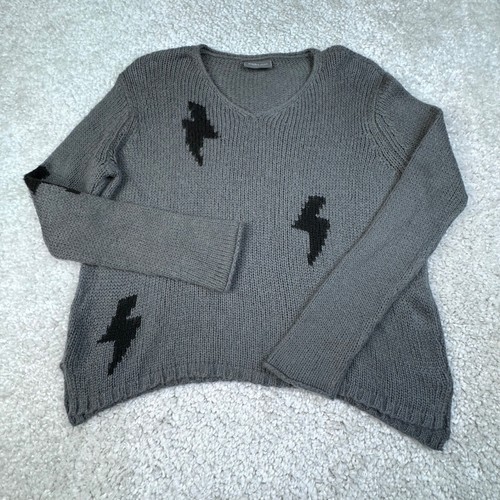 Wooden Ships Wool V Neck Lighting Bolt Sweater Gray Black Womens S/M