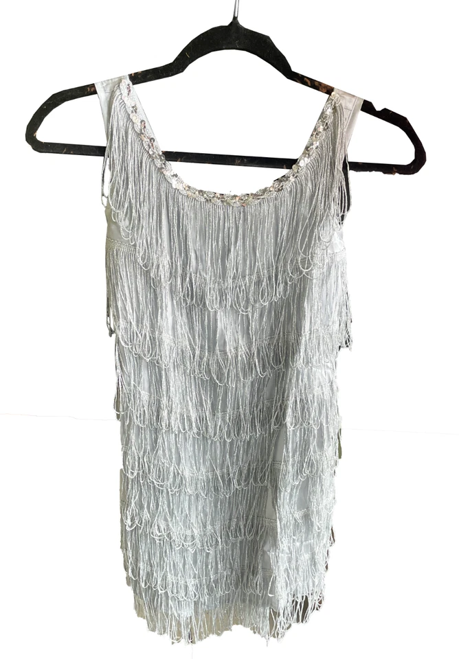 Franco Flapper Child Costume Silver Sequin Dress Feather Headpiece Size Medium - Image 3 of 4