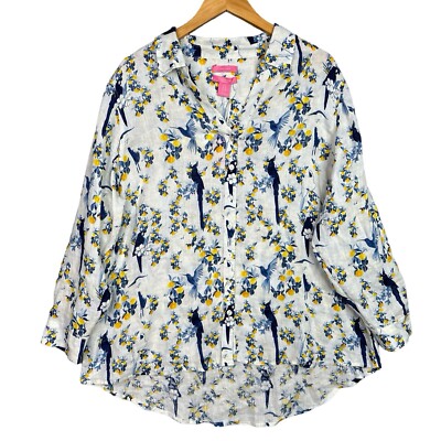 Isaac Mizrahi New York 100% Linen Shirt Blouse Womens Sz 1X Floral Birds