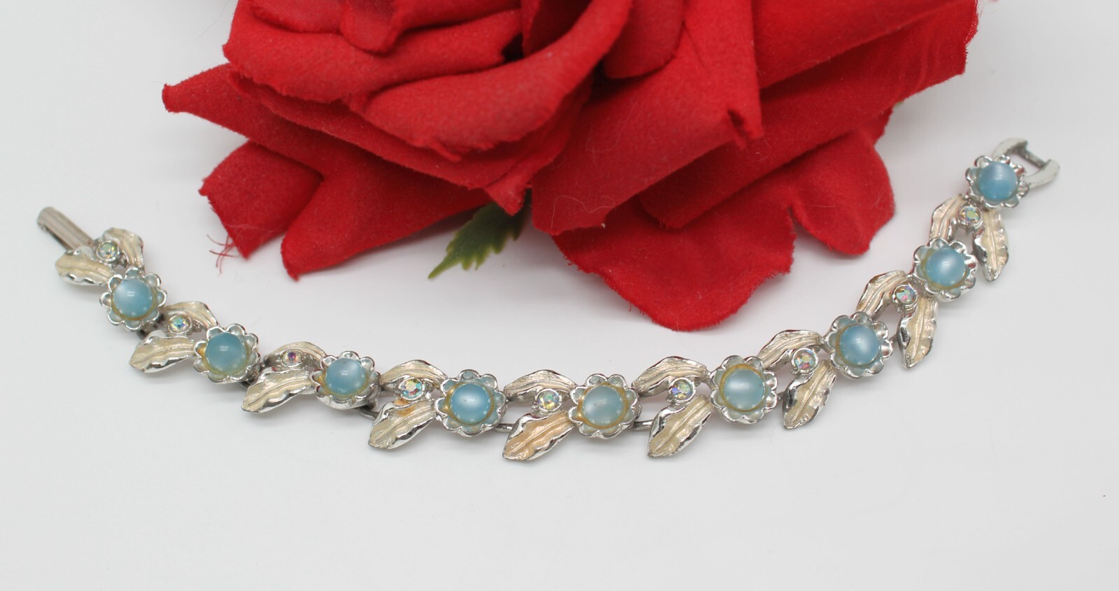 Vintage Judy Lee Blue Rhinestone Flower  Bracelet   CAT RESCUE
