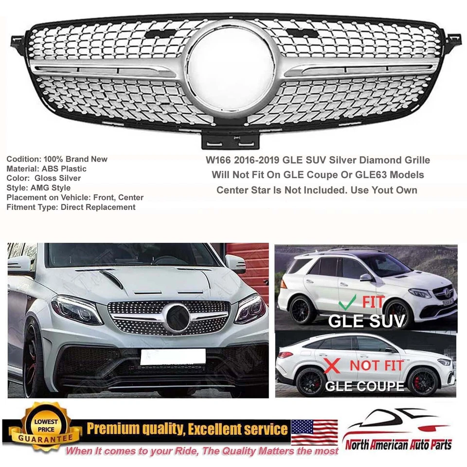 Rejilla GT Diamond Silver para Mercedes-Benz W166 GLE350 GLE400 GLE500 2016-2019 Foto 2 de 4