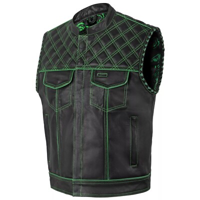 Men's Black Leather Vest Diamond Motorbike Motorcycle Concealed Green  Waistcoat