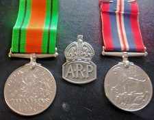 2 ORIGINAL MEDALS & Silver ARP Badge 1939-45 WAR MEDAL & DEFENCE MEDAL - RIBBONS