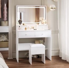 Modern White Vanity Table Set with LED Mirror, Stool, 2 Drawers