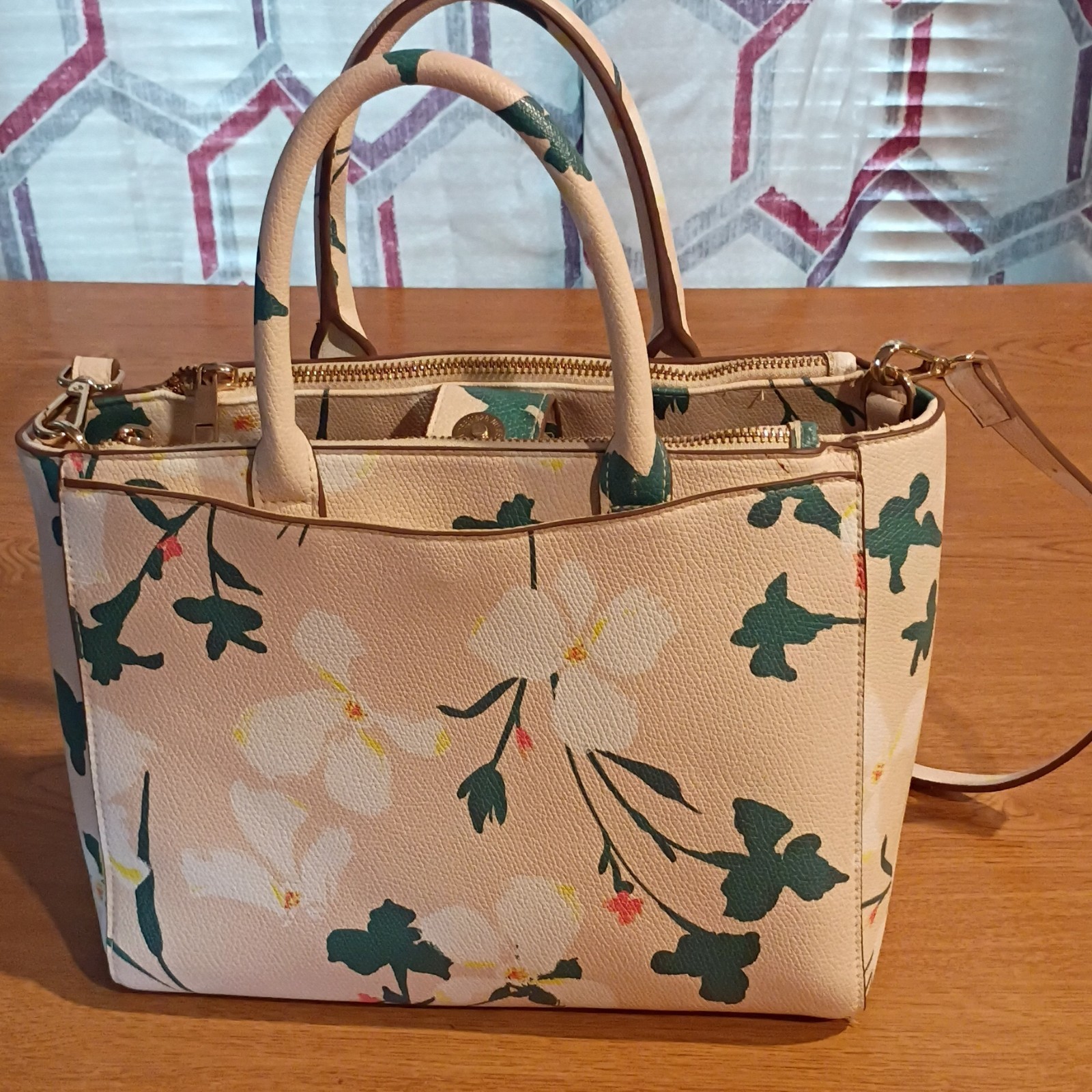 A New Day Floral Satchel Top Handle Bag Beige Zip, Wristlet, Gold Hardware