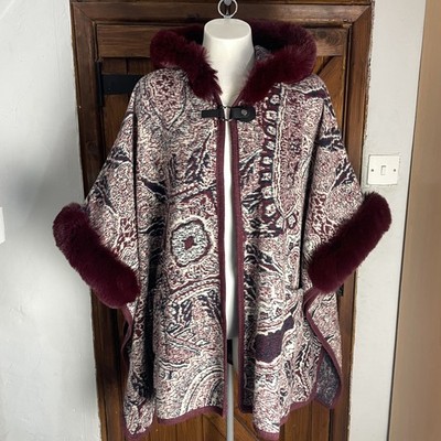 Joe Browns Poncho-Jacke Burgunder Paisley Kunstfellbesatz einzigartige Kapuze Einheitsgröße