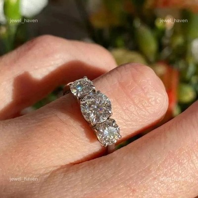 Round Lab Grown Diamond Statement Three-Stone Friend Gift Ring 14K White Gold