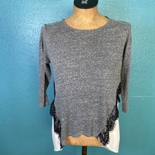Xhilaration Womens Shirt Sz M Gray White Black Lace Hi Low 3/4 Sleeve Top Blouse