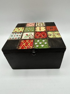 VTG Handcrafted HandPainted Wooden Trinket Box 5'' Bohemian Patchwork Style India
