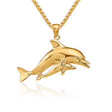 14K Solid Yellow Gold Dolphin Necklace