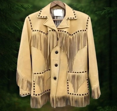 Men Western Cowboy Fringe Shirt Native American Fringe Leather Jacket