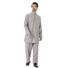Men Muslim Long Sleeve Jubba Thobe Top Long Pants Comfortable Islamic Wear