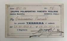 Tessera Sport 1932 GRUPPO POLISPORTIVO FASCISTA PEGLIESE Genova Pegli