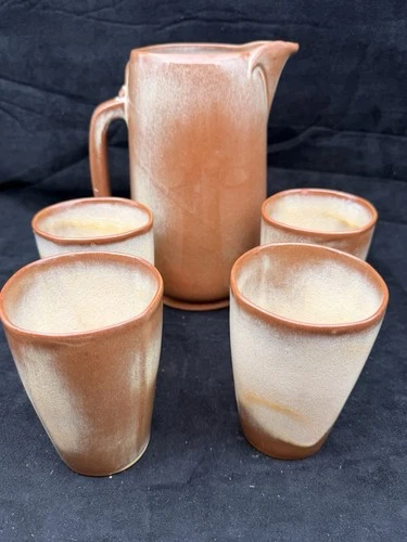 Vintage Frankoma Plainsman 81 Pitcher & 4 Tumblers Prairie Tan MCM Pottery Set