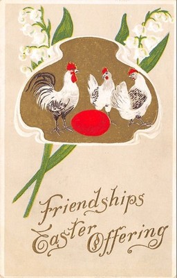 Easter~White Rooster & Hens~Big Red Egg~Lily of Valley~Gold Art Nouveau~Embossed