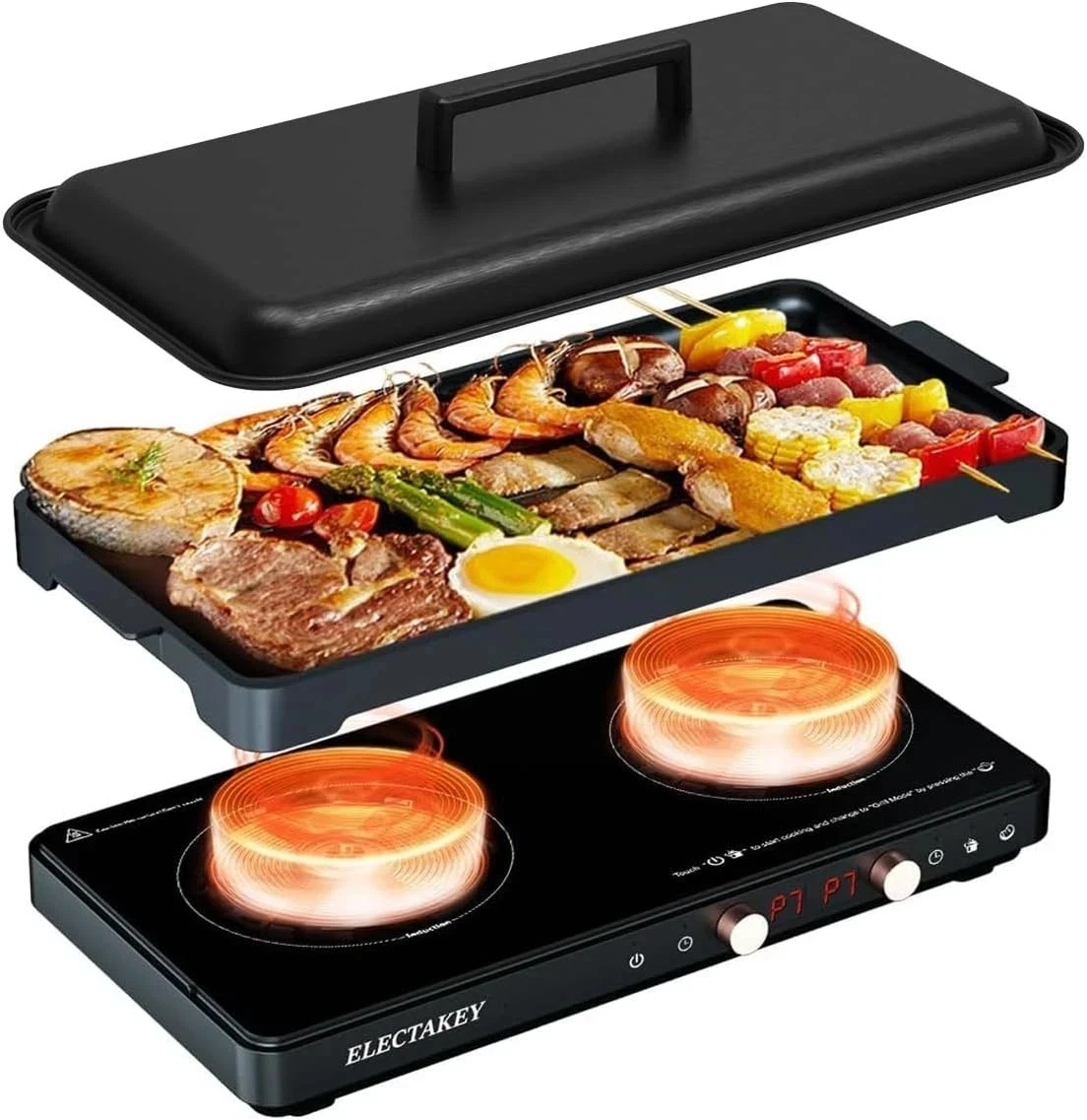ELECTAKEY Induction Cooktop TWO Burner with Removable Cast Iron Griddle Pan Non