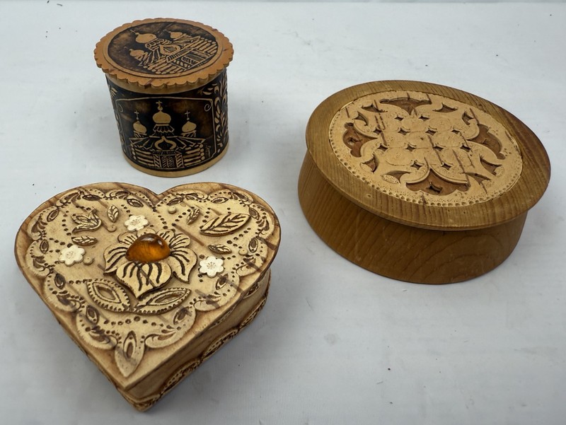 3pcs Small Russian Wood / Birch Bark Carved Trinket/Keepsake Boxes