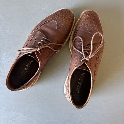 Prada Shoes 2EG 015 Brown Leather Espadrille Wingtips Size 5.5 UK