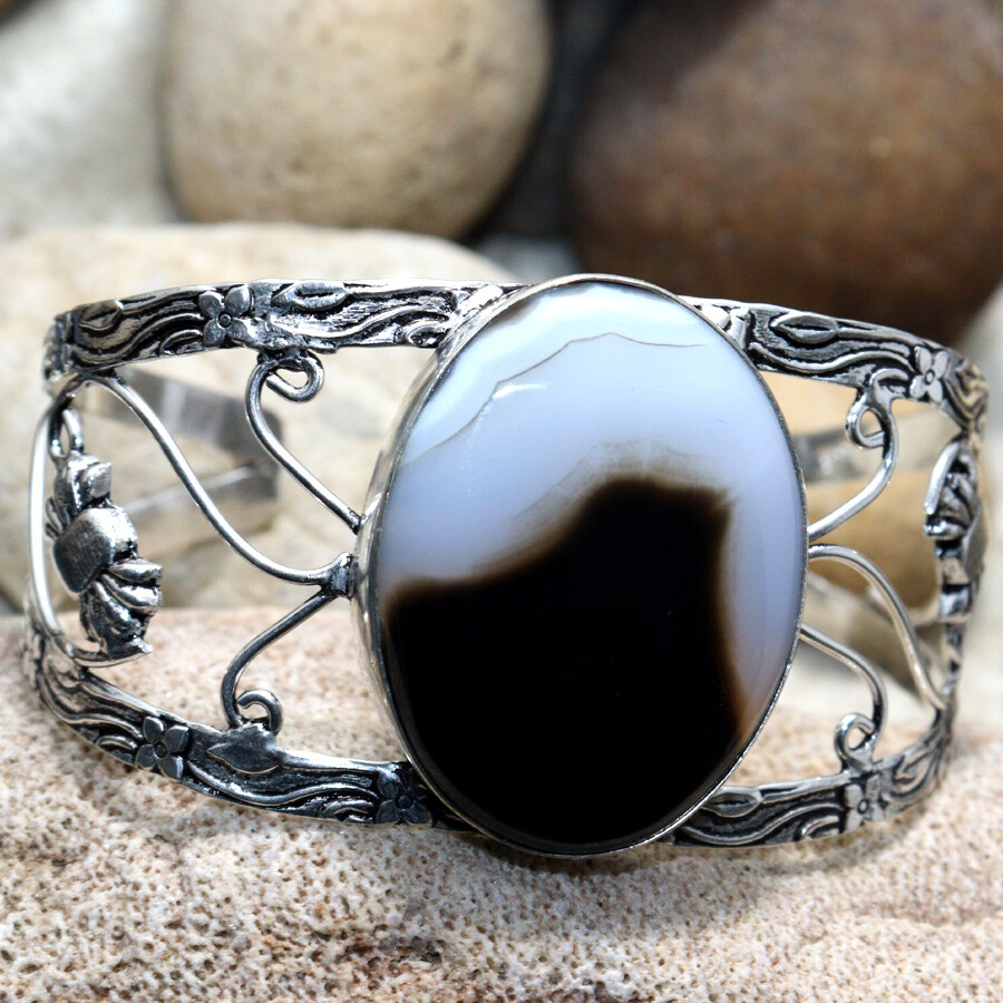 925 Silver Plated Huge Banded Black Onyx 36x27mm Bangle Size 6.5