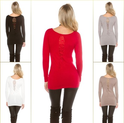 Trendy Koucla Knit Long Pullover Sweater with Lace and Lacing