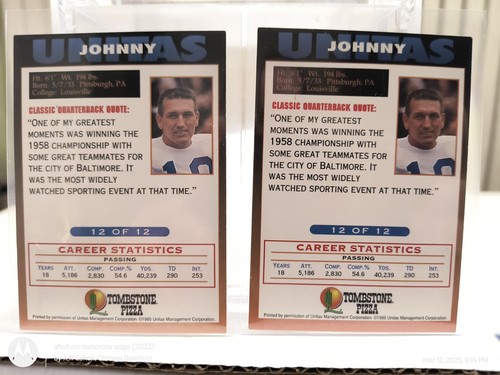 Dos tarjetas 1995 Tombstone Pizza Johnny Unitas, Baltimore Colts - Dos tarjetas - Imagen 4 de 5