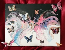 ORIGINAL ABSTRACT BUTTERFLY PAINTING, VINTAGE JEWELRY EMBELLISHED, 3D